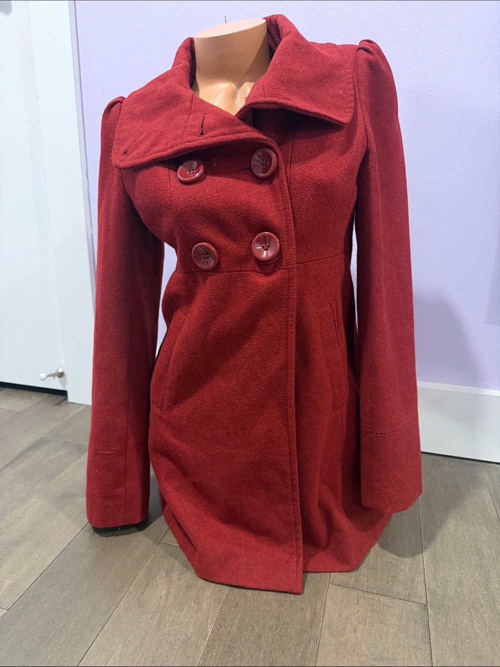 Forever 21 Women's Double-Breasted Brick Red Pea Coat